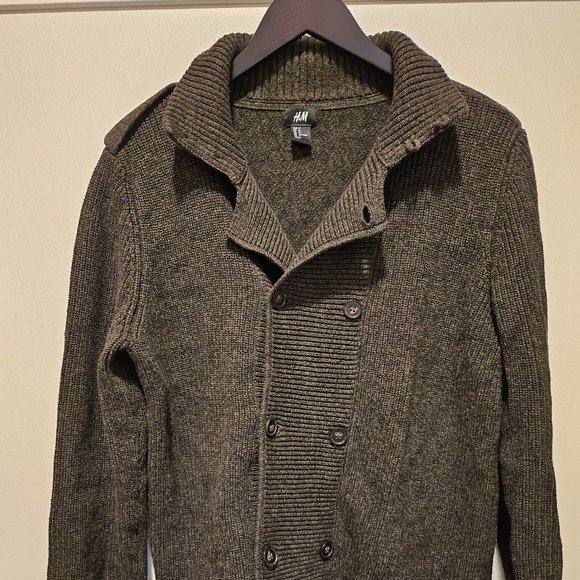 H&M Green Knit Collared Double Breasted Buttons Cardigan US Men M - Picture 1 of 9